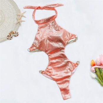 Snake Print Swimwear Women One-Piece PU Leather Bikini  2020 Bandage Backless Swimsuit Chain 
